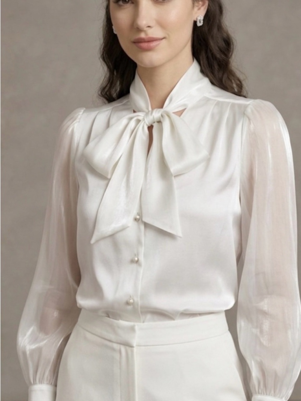 Elegant White Bow-Tie Blouse with Sheer Sleeves
